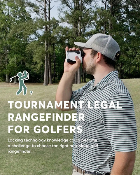 Golfer using Top Notch Golf Rangefinder With Flag Lock And Pulse Vibration on the course, trees in background