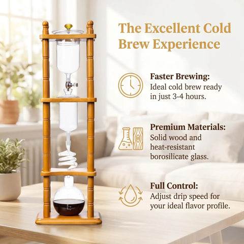 720 Milliliter Cold Brew Coffee Tower With Adjustable Valve Makes Five To Seven Cups Delivers Fast Ice Drip Brewing In Three To Four Hours For Killer Smooth Flavor And Straight Up Cafe Vibes, featuring solid wood and borosilicate glass.