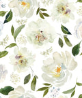 Peony Floral Wallpaper For Bedroom And Nursery, Vintage Watercolor Peel And Stick Mural with white peonies and green leaves