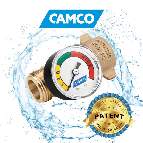 Camco brass RV water pressure regulator with gauge, front view