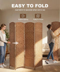 Four-Panel 6-Foot Tall Room Divider Freestanding Privacy Screen With Hand-Woven Paper Rope Diamond-Weave Natural Finish For Room Separation, 360-Degree Hinges, Dope Wicker Look For Home Office And Living Space displayed in living room with people folding the screen.