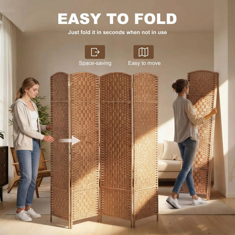 Four-Panel 6-Foot Tall Room Divider Freestanding Privacy Screen With Hand-Woven Paper Rope Diamond-Weave Natural Finish For Room Separation, 360-Degree Hinges, Dope Wicker Look For Home Office And Living Space displayed in living room with people folding the screen.