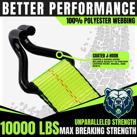 Killer Heavy Duty Ratchet Straps With J Hooks Two Inch By Fifteen Foot Ten Thousand Pound Breaking Strength Tie Down Cargo Straps For Truck Trailer Moving Fluorescent Green Four Pack