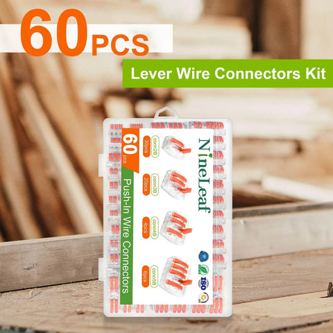 60 Piece Lever Wire Connector Kit With 2 3 4 5 Port Push In Quick Connectors in case on workshop table