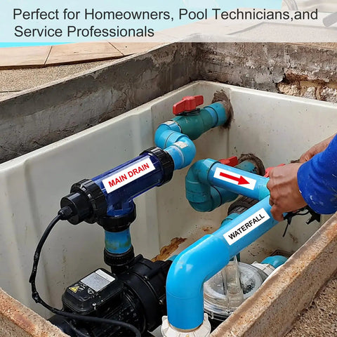 Heavy Duty Pool Equipment Labels And Valve Stickers For Spa Plumbing 560 Piece Kit on valves and pipes with bold labels in blue and red.