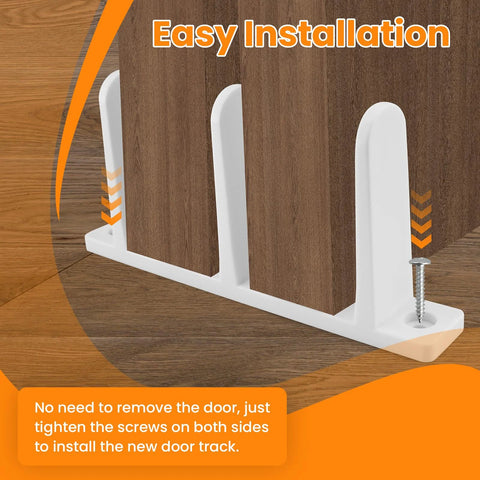 Four Pack White Sliding Closet Door Floor Guides Universal ABS Bottom Hardware For One And Three Eighths Inch Thick Cabinet Doors Track Bracket Replacement Parts With Screws For Easy Installation And Durable Performance shown installed on wood floor.