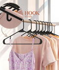 50 Pack Black Plastic Clothes Hangers For Closet Organization And Space Saving, showing non-slip slim design and hook detail