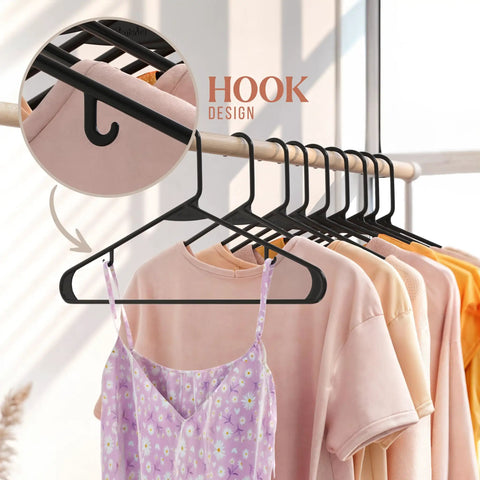 50 Pack Black Plastic Clothes Hangers For Closet Organization And Space Saving, showing non-slip slim design and hook detail
