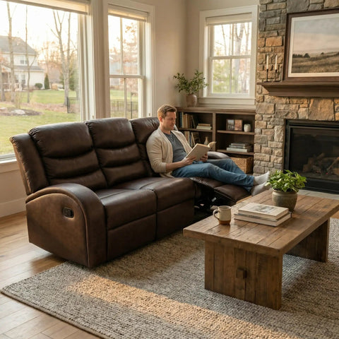 Comfy Leather Recliner Sofa Set 3 Piece Living Room Furniture Sectional with Manual Recliners Couch Family Room Home Theater Seating Brown Leather Loveseat Chair in living room.
