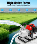 Top Shelf Gas Powered Water Pump With Smooth Quick Pull Start And Serious Flow Power For Backyard Cleanup Pool Draining And Yard Irrigation Includes Free Oil Funnel Filter Kit, showing water flow and pump specifications