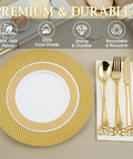 Kick Back Without The Hassle Using This Heavy Duty Gold Disposable Dinnerware Set For 25 Guests With Plates Cups Napkins Silverware Bpa Free Party Pack For Weddings And Block Parties featuring gold plates and silverware.