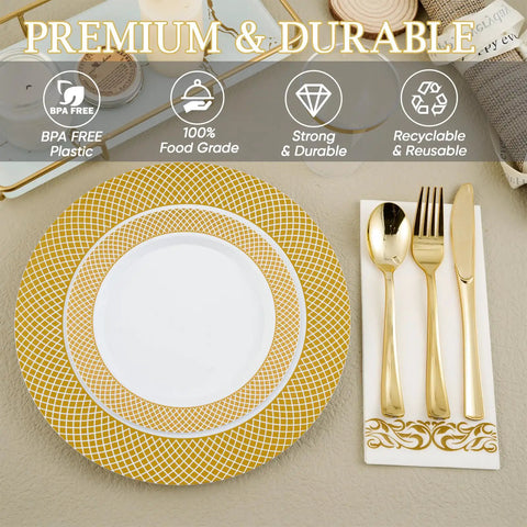 Kick Back Without The Hassle Using This Heavy Duty Gold Disposable Dinnerware Set For 25 Guests With Plates Cups Napkins Silverware Bpa Free Party Pack For Weddings And Block Parties featuring gold plates and silverware.