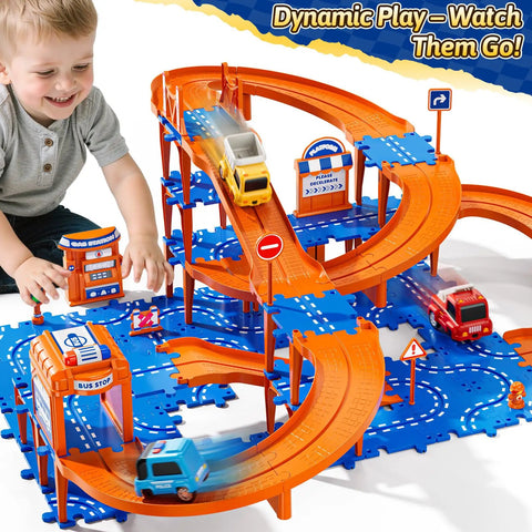Child playing with 4 Tier Race Track Puzzle Set With 3 Cars For Kids Ages 3 To 8, Hands On Educational Floor Car Game, 96 Accessories