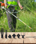 Badass Manganese Steel Drain Auger Cutting Heads 7 Piece Set displayed with a person using a trimmer in weeds.