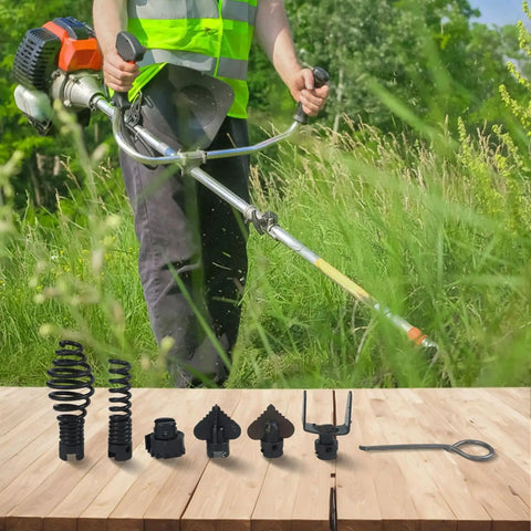 Badass Manganese Steel Drain Auger Cutting Heads 7 Piece Set displayed with a person using a trimmer in weeds.