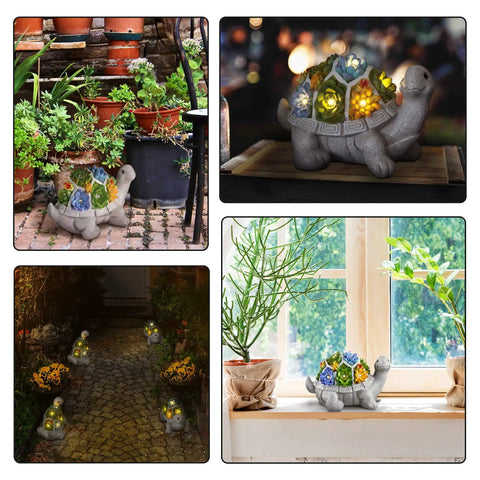 Solar Powered Turtle Garden Statue With 7 LED Lights in various garden settings and indoor succulent displays, resin and UV-resistant.