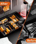 Epic 69 Piece Tool Drawer Organizer Set In Five Sizes For Desk Drawer Rolling Tool Chest And Tray Storage Black Keeps Your Gear Sorted, Easy Access And Ready To Go showing before and after organized tools.