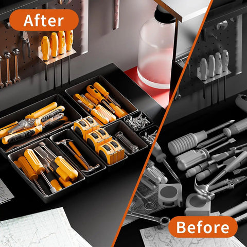 Epic 69 Piece Tool Drawer Organizer Set In Five Sizes For Desk Drawer Rolling Tool Chest And Tray Storage Black Keeps Your Gear Sorted, Easy Access And Ready To Go showing before and after organized tools.
