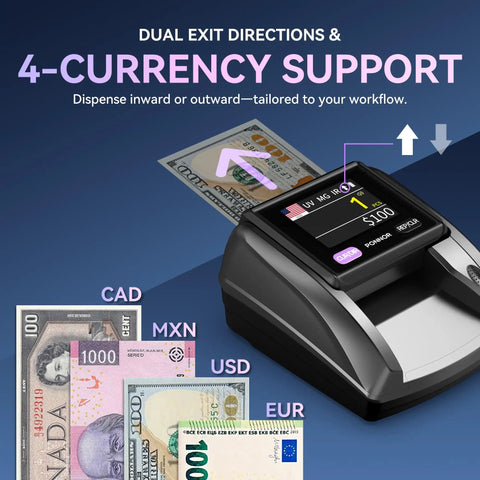 AL 135T Counterfeit Bill Detector Money Checker With Three Inch Digital Screen verifying multiple currencies with arrows