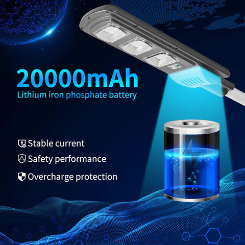 300W Outdoor Solar Street Light With Motion Sensor Dusk To Dawn 6500K Super Bright Flood Light showing lithium battery and features