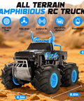Amphibious One To Sixteen Scale Remote Control Monster Truck With Waterproof Sealed Body showcasing non-skid tires and ABS shell.
