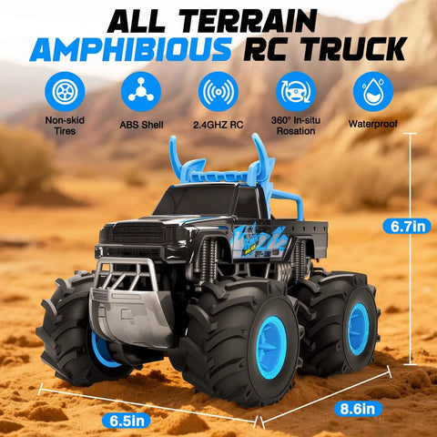 Amphibious One To Sixteen Scale Remote Control Monster Truck With Waterproof Sealed Body showcasing non-skid tires and ABS shell.
