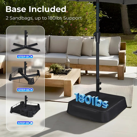 13 Foot Outdoor Patio Umbrella With Base Included, visible 180lbs resin base and aluminum pole, outdoor patio setup