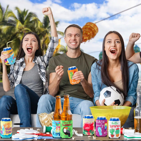 People enjoying drinks with the 18 Pack Funny Can Cooler Sleeves Set With Collapsible Beer And Bottle Sleeves In Bold Colors For Summer Beach Parties And Holidays Perfect For Backyard Barbecues Picnics And Rad Party Favors.