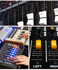 Close-up of audio mixer faders and knobs with hands using mixer, showcasing sound equipment for precise audio control.