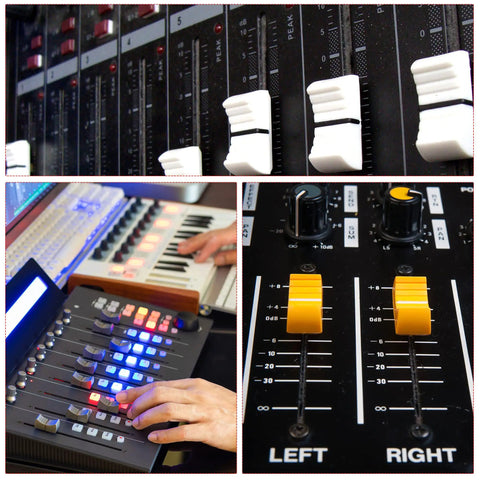 Close-up of audio mixer faders and knobs with hands using mixer, showcasing sound equipment for precise audio control.