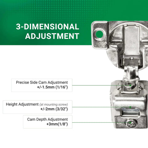 Close-up of Premium USA Made 108 Degree 1-1/4 Inch Overlay Self Close Screw-On Compact Cabinet Hinge showing adjustment points