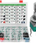 Vertical PCB Mount Potentiometer Kit, 100 Pieces, 9mm Pot, 15mm Shaft displayed with organized assortment box.