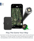 Link Pro Wearable Golf Tracker: Auto Tracks Every Shot With AI, No Phone Needed, Pocket Friendly, Works With Smart Sensors And Grips, Pairs With The App For Real Time Game Data device and smartphone display with Arccos app.