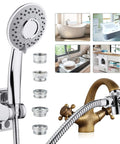 Sink Hose Shower Sprayer Attachment With Five Adapters For Bathroom Bathtub Kitchen Utility Laundry Tub Garden Hose Thread Spout Easy Install Dope For Washing Pets And Quick Water Switch displayed with faucet setups and usage scenarios