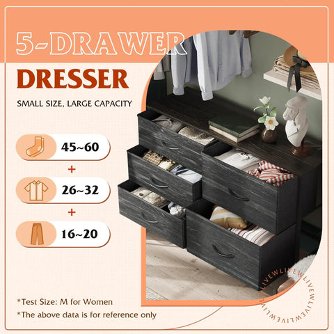 Roomy Five Drawer Fabric Dresser for Bedroom and Living Room Storage with Drawer Organizers, charcoal black, filled drawers