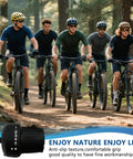 Group of cyclists riding mountain bikes with 18 Speed Twist Shifter For Bicycle 3x6 Gear Shift, tree background, inset of shifter grip.
