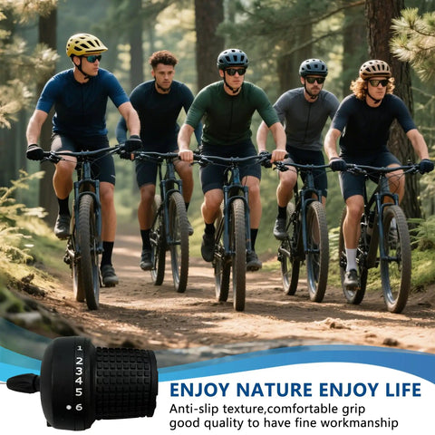 Group of cyclists riding mountain bikes with 18 Speed Twist Shifter For Bicycle 3x6 Gear Shift, tree background, inset of shifter grip.