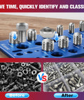 Front view of a 56-piece thread checker set with standard and metric gauges for nuts and bolts, includes 12 drill-bit sizes, Amazon brand.