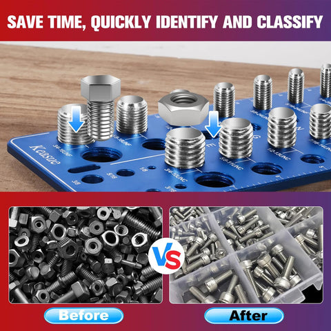 Front view of a 56-piece thread checker set with standard and metric gauges for nuts and bolts, includes 12 drill-bit sizes, Amazon brand.