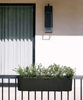 Badass Weatherproof Railing Planter Box With Secure Mounting Bracket, 36x8.5 inches, mounted with greenery on a balcony.