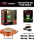Scoot Skeet Mini Drone Shooting Game For Kids Drone Only Hand Drones Compatible With Scoot Skeet LED Blaster Indoor Target Game Orange Rechargeable Battery USB Charger Included Indoor Fun Family Friendly Tech Toy packaging, drone, charger, manual, and propellers