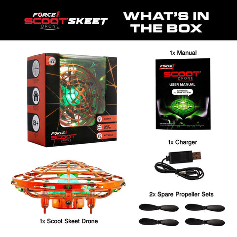 Scoot Skeet Mini Drone Shooting Game For Kids Drone Only Hand Drones Compatible With Scoot Skeet LED Blaster Indoor Target Game Orange Rechargeable Battery USB Charger Included Indoor Fun Family Friendly Tech Toy packaging, drone, charger, manual, and propellers