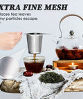 Extra Fine 18 8 Stainless Steel Tea Infuser Mesh Strainer with large capacity and double handles in use over a teapot and cup