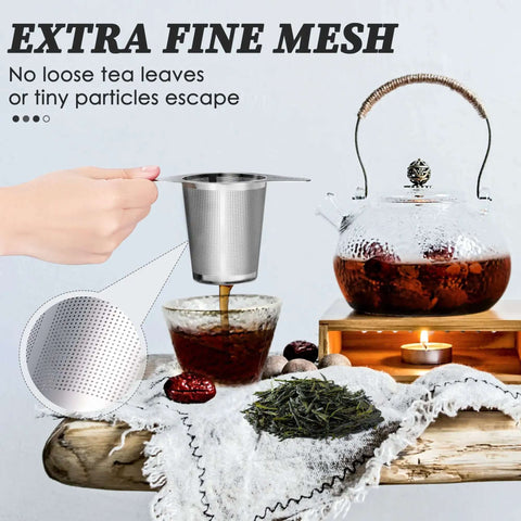 Extra Fine 18 8 Stainless Steel Tea Infuser Mesh Strainer with large capacity and double handles in use over a teapot and cup