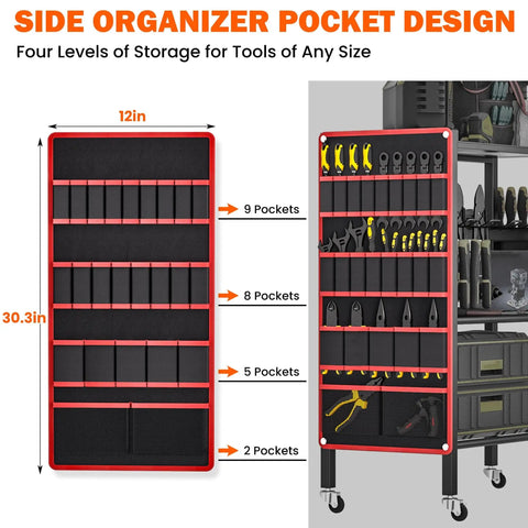 Side view of All In One Power Tool Organizer Cart With 4 Tier And Rolling Wheels showing side pockets and tools