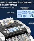 Heavy Duty Cash Bill Counter Machine With Hassle Free Automated Counting And Rock Solid Uv Magnetic Infrared Anti Fake Detection Tech displaying total count and value.