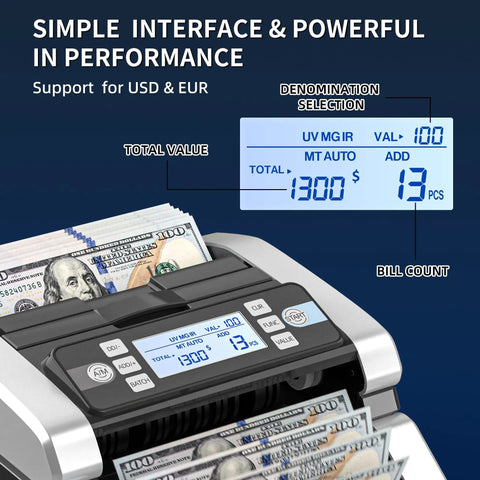 Heavy Duty Cash Bill Counter Machine With Hassle Free Automated Counting And Rock Solid Uv Magnetic Infrared Anti Fake Detection Tech displaying total count and value.