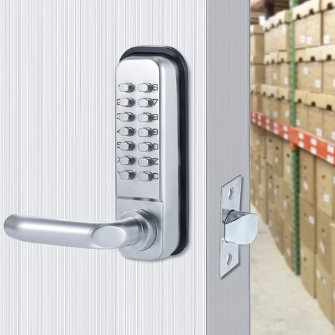 Keyless Entry 14 Digit Keypad Mechanical Door Lock Lever Set, Satin Chrome Finish, 60mm Backset Latch, Fits Standard 2 1/8 Inch Holes