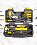 Kickass 39 Piece Household Tool Set With Sweet Organized Case For No Sweat Diy Fixes Featuring Knockout Corrosion Resistant Chrome Hammer Pliers Screwdrivers And Tape Measure tools organized in a black case.