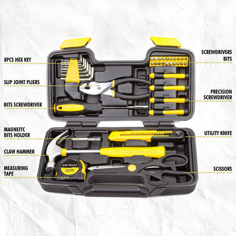 Kickass 39 Piece Household Tool Set With Sweet Organized Case For No Sweat Diy Fixes Featuring Knockout Corrosion Resistant Chrome Hammer Pliers Screwdrivers And Tape Measure tools organized in a black case.